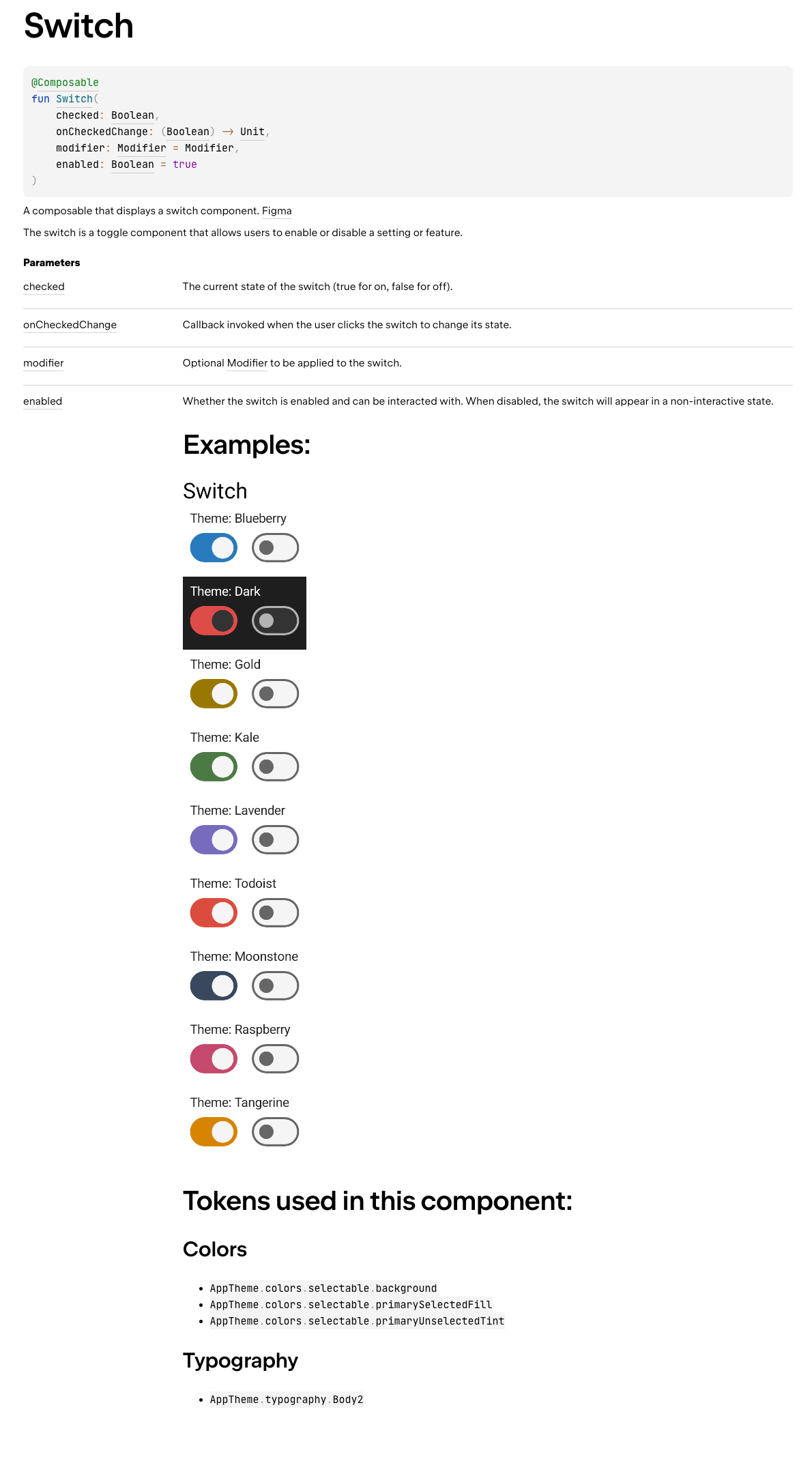 Documentation page for the Switch component