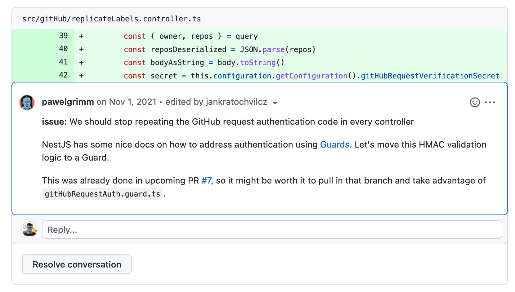 A GitHub Pull Request review with a suggestion to use a NestJS feature