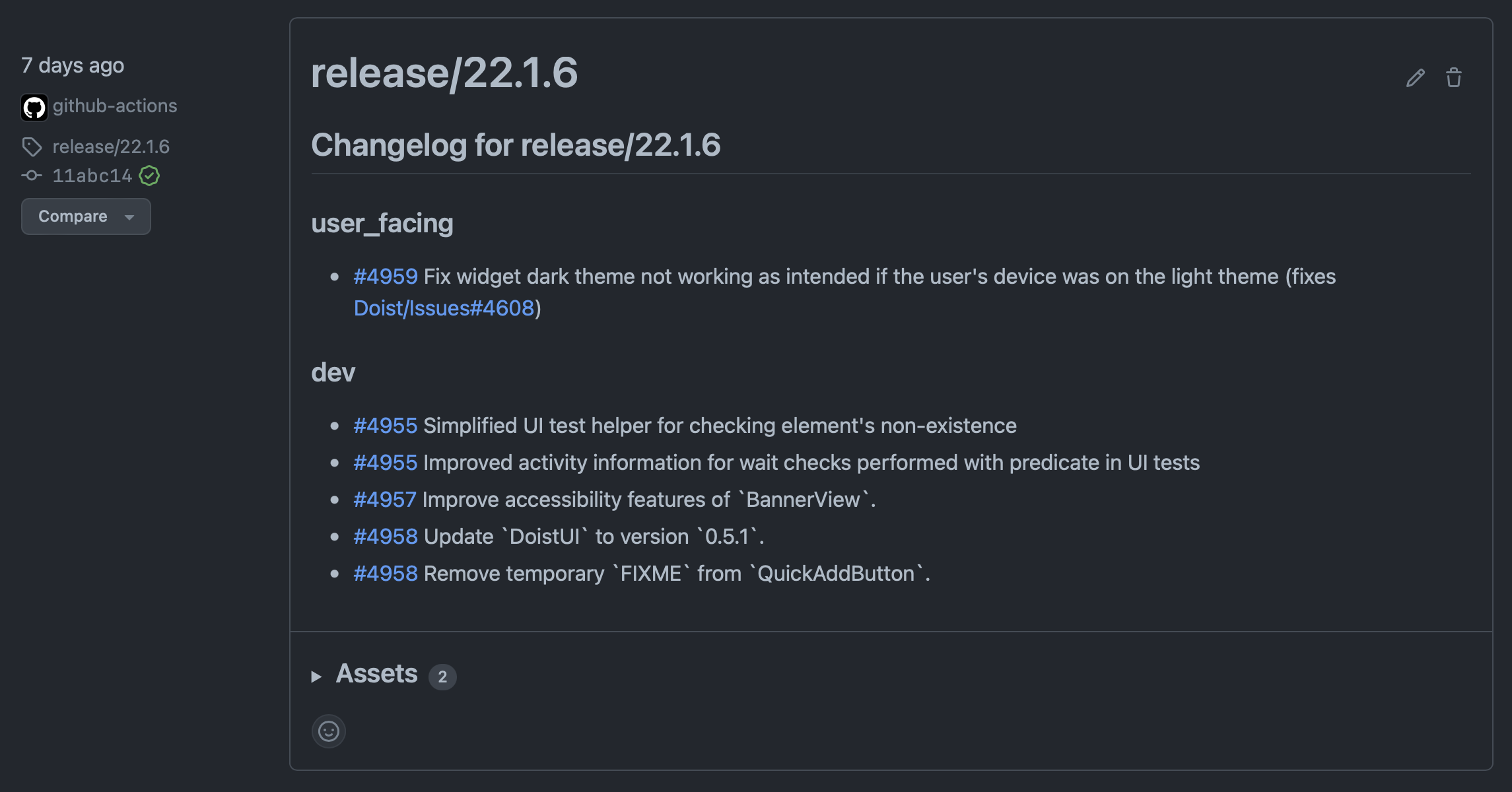 Release notes on Github