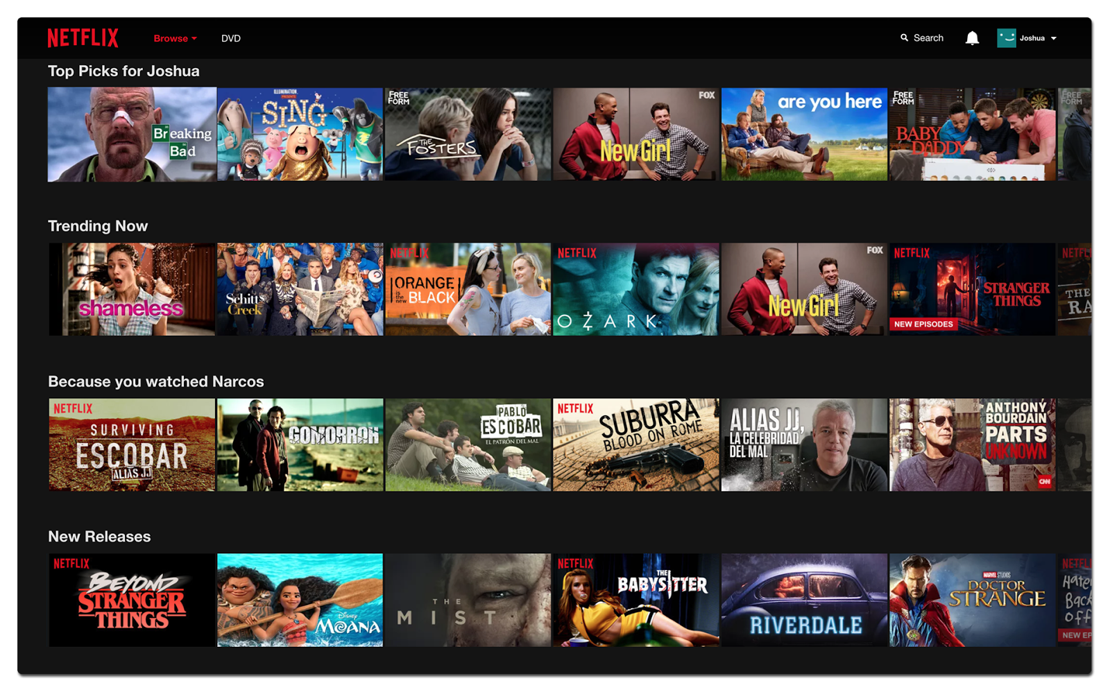 Netflix screen with category headers