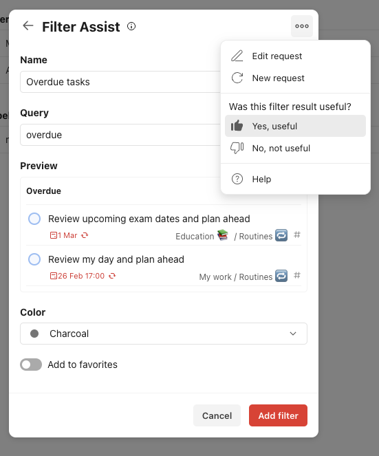 Todoist Filter Assist result screen