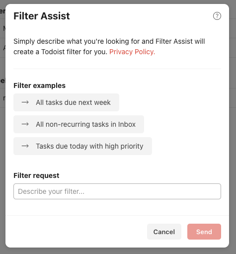 Todoist Filter Assist start screen