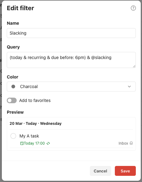 Existing Todoist filter modal