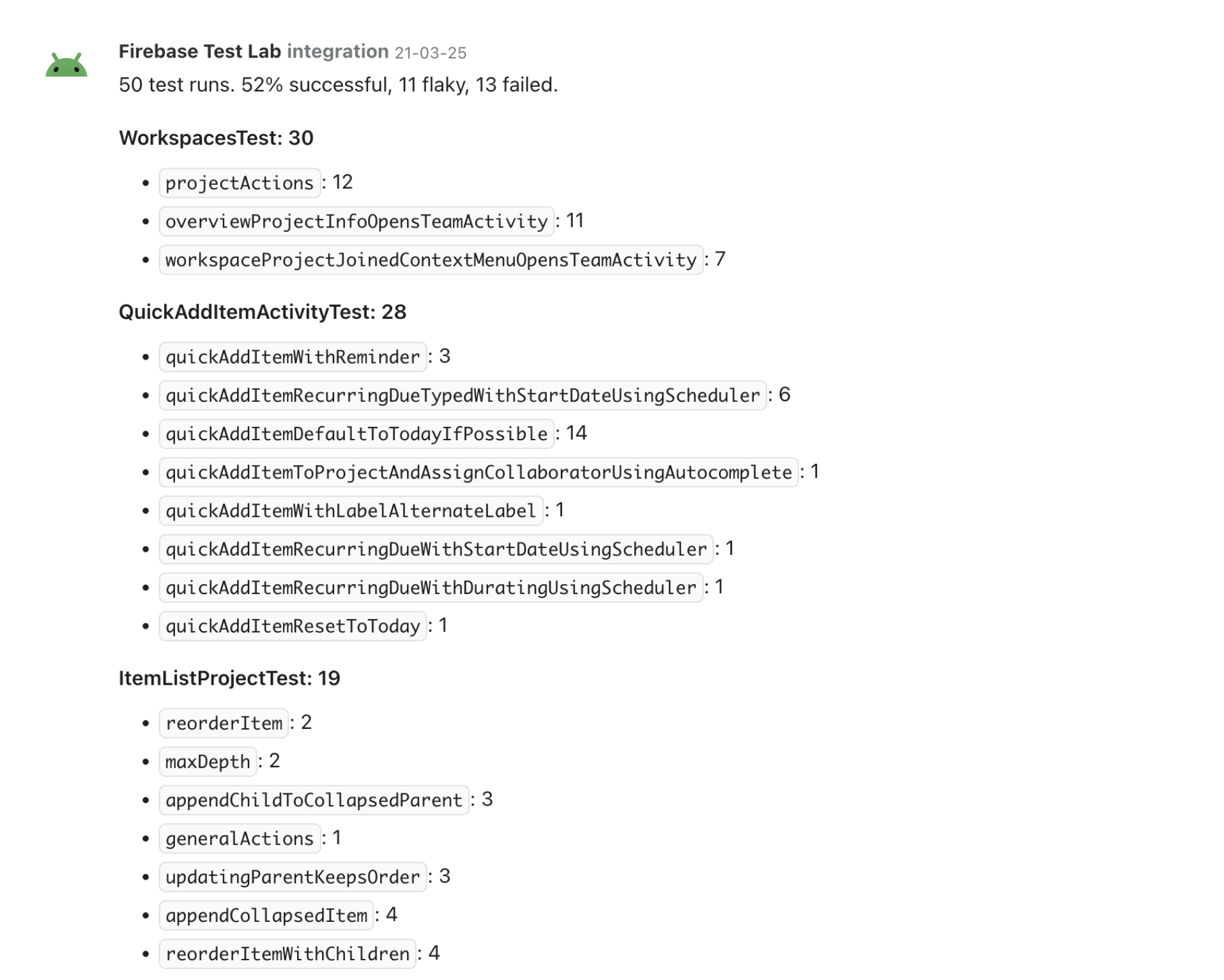 Firebase Test Lab reports for our Espresso tests