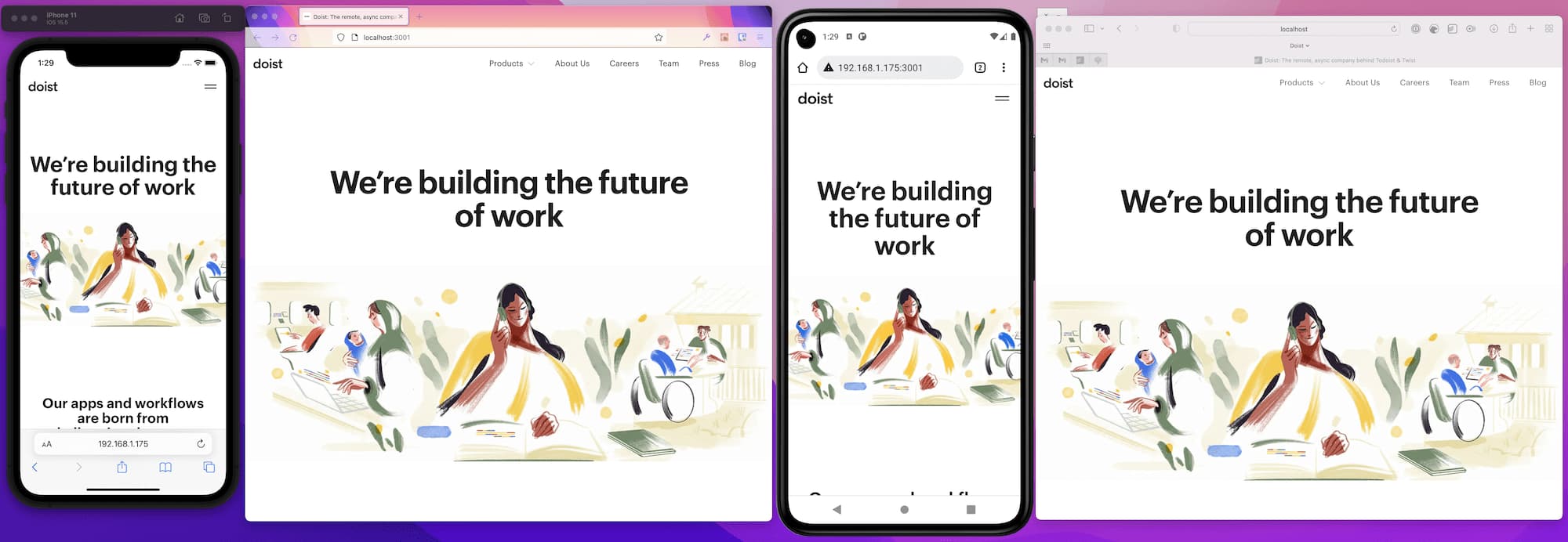 iOS Simulator, Firefox, Android Emulator and Safari displaying Doist's landing page